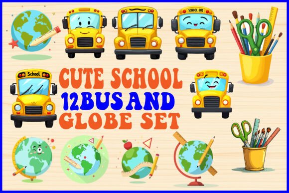 Cute School Bus Globe Clipart Set for Graphics and Crafts