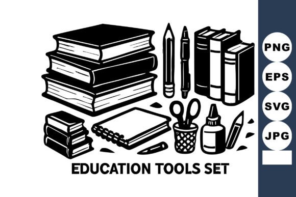 Education Tools Set with Books Pencils S Graphics and Illustrations