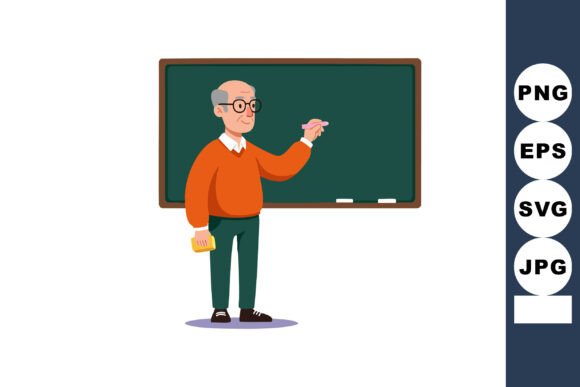 Elderly Male Teacher Writing on Blackboard Graphics and Illustrations