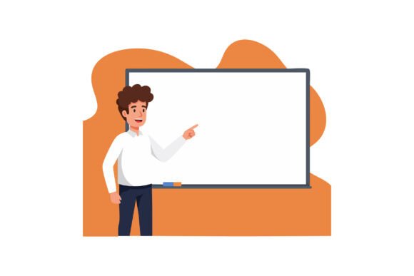 Male Teacher Pointing at Blank Whiteboard Graphics and Illustrations