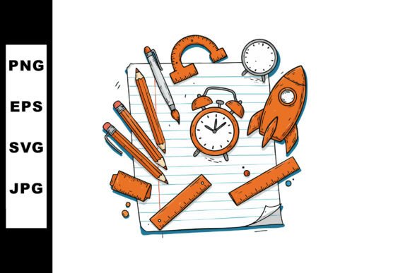 School Supplies with Clock and Rocket Graphics and Illustrations