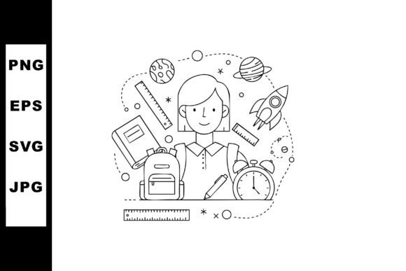 Student Surrounded by School Supplies an Graphics and Illustrations